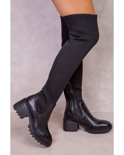 Where's That From Molly Chunky Over The Knee Boot With Knitted Leg Fit - Black