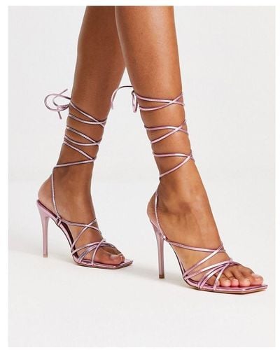 Truffle Collection Tie Leg Stilletto Heeled Sandals With Square Toe - Pink