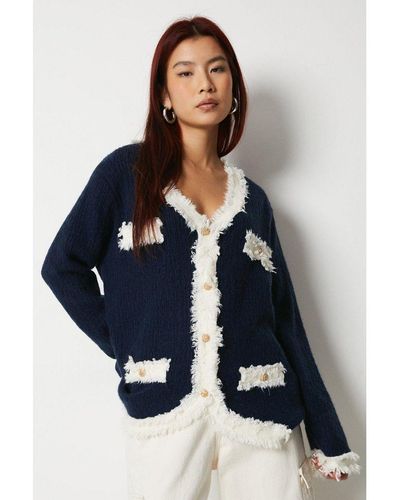 Warehouse Knitted Pocket Cardigan - Blue