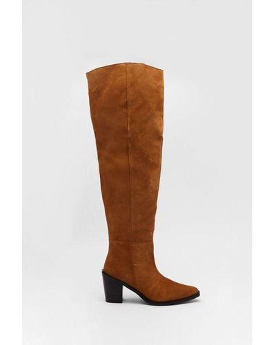 Warehouse Real Suede Slouchy Knee High Boots - Brown