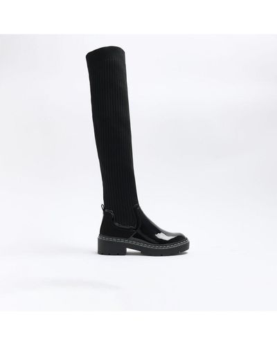 River Island High Leg Boots Black Knitted Textile - White