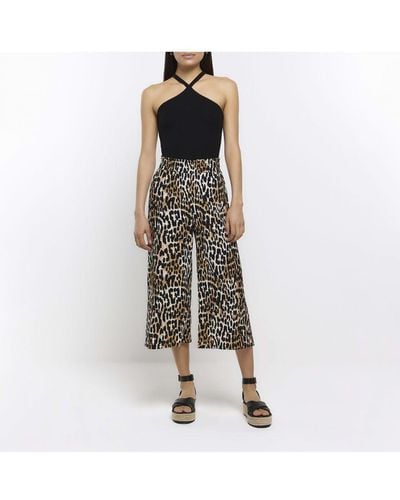 River Island Trousers Beige Animal Print Wide Leg Trousers - Natural