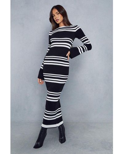 MissPap Knitted Ribbed Stripe Maxi Dress - Blue