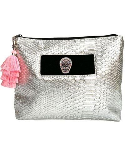 Apatchy London Silver Snakeskin Wash Bag With Flower Skull & Neon Pink Tassel Faux Leather - White