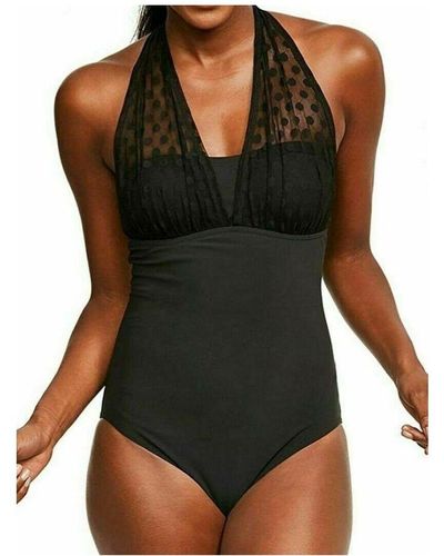 Figleaves Icon Spot Mesh Halter Neck Shaping Swimsuit - Black