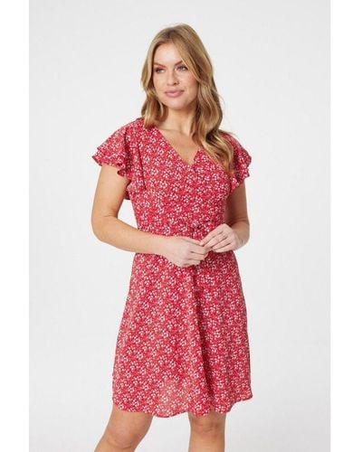 Izabel London Ditsy Floral Frill Sleeve Dress - Red