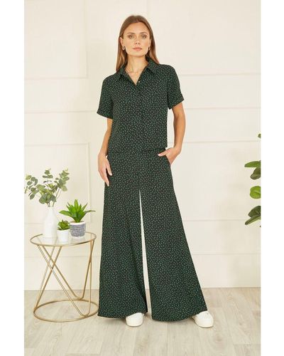 Yumi' Ditsy Floral Print Relaxed Wide Leg Trousers - Green