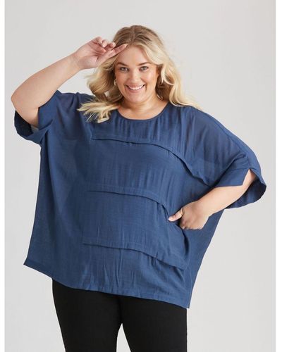 BeMe Elbow Sleeve Woven Pleat Front Top - Blue