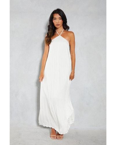 MissPap Satin Pleated Strappy Halterneck Low Back Maxi Dress - White