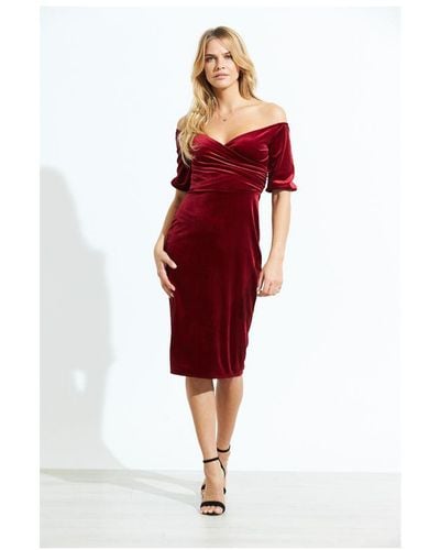 Sosandar Ruby Velvet Cross Over Bardot Dress - Red