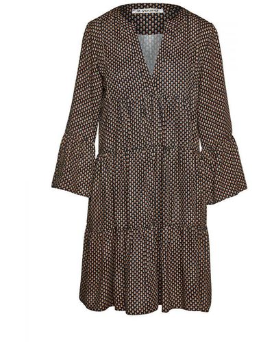 Conquista Print Gathered Seams Dress With Bell Sleeves - Brown