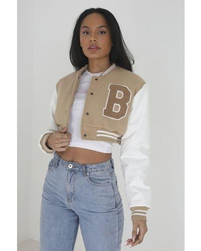 Brave Soul Faux Wool 'Lucy' Cropped Varsity Bomber Jacket - White