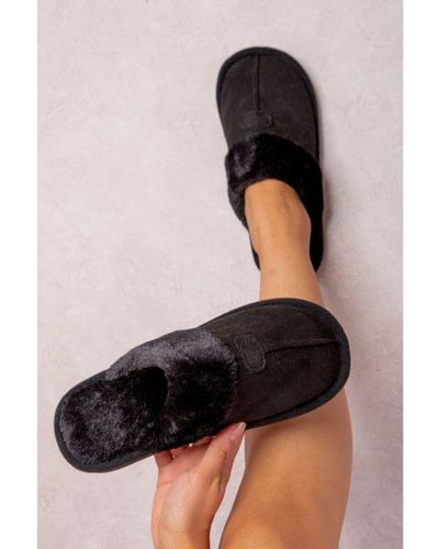 Where's That From 'Felicity' Slip On Teddy Faux Fur Lined Slippers - Black