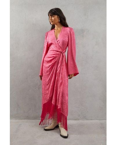 Warehouse Satin Jacquard Kimono Sleeve Fringe Hem Wrap Dress - Pink