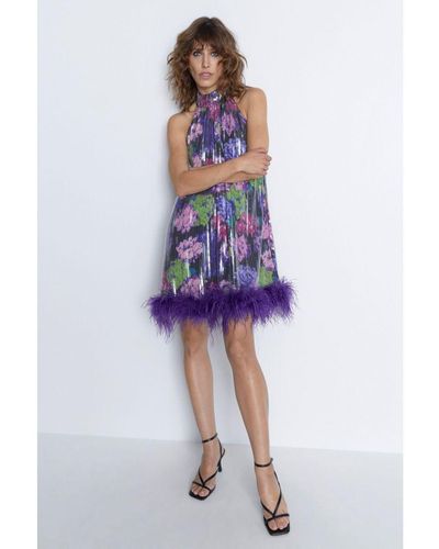 Warehouse Sequin Feather Hem Halter Dress - Purple