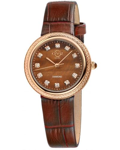 Gv2 Arezzo Diamond Swiss Quartz Tiger Eye Dial, Genuine Italian Handmade Leather Watch - Brown