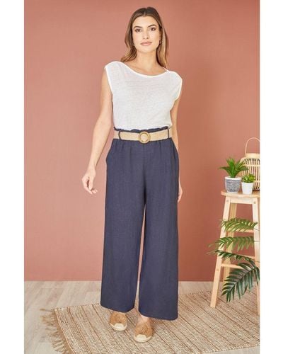 Yumi' Italian Linen Wide Leg Trousers With Belt - Blue