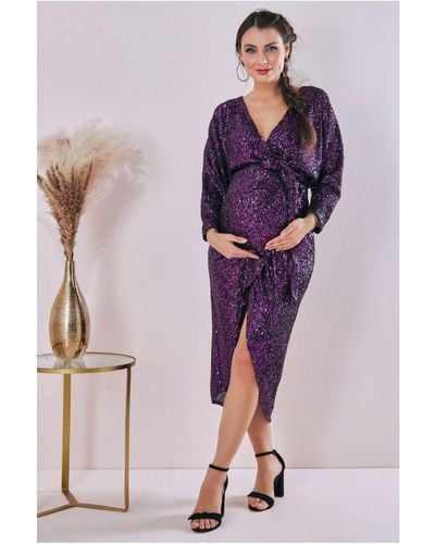 Goddiva Maternity Wrap Sequin Midi - Purple