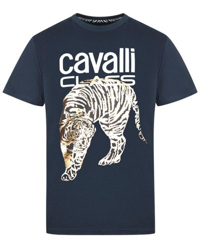 Class Roberto Cavalli Tiger Stencil Logo T-Shirt - Blue