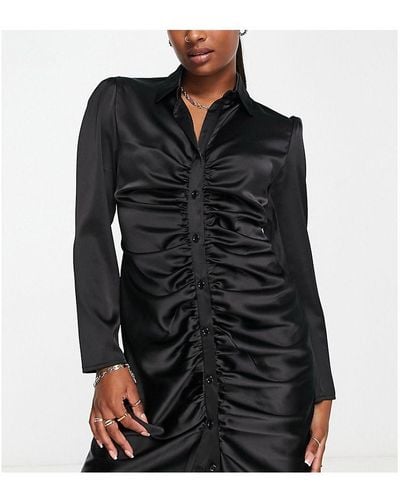 Flounce London Petite Satin Ruched Bodycon Mini Shirt Dress - Black