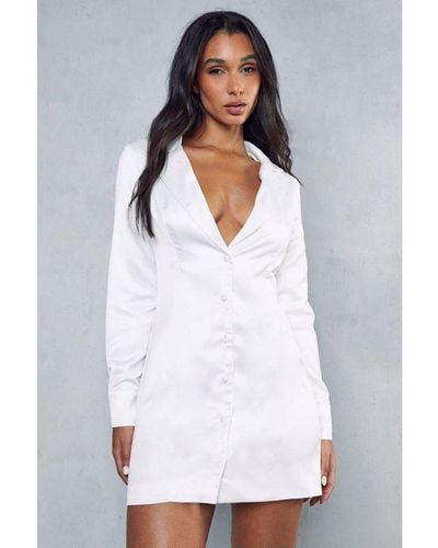 MissPap Satin Structured Waist Plunge Shirt Dress - White