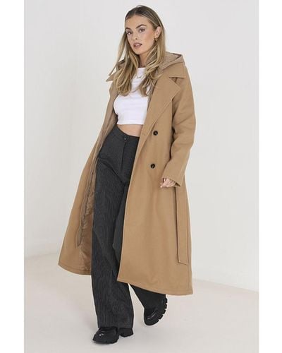 Brave Soul Camel 'filippa' Faux Wool Maxi Hooded Trench Coat - Natural