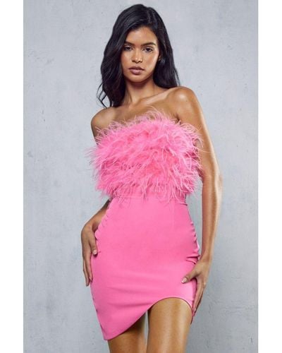 MissPap Curved Hem Feather Mini Dress - Pink