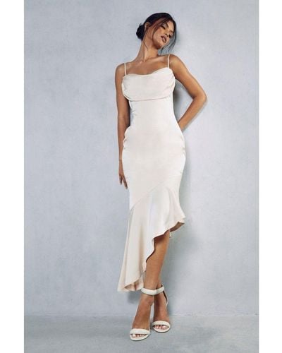MissPap Premium Satin Draped Bust Frill Hem Midi Dress - White