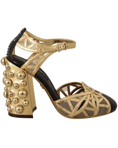 Dolce & Gabbana Vrouwen Zwart Goud Leer Studded Enkelbandjes Schoenen - Metallic