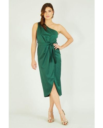 Mela London Satin One Shoulder Wrap Dress - Green