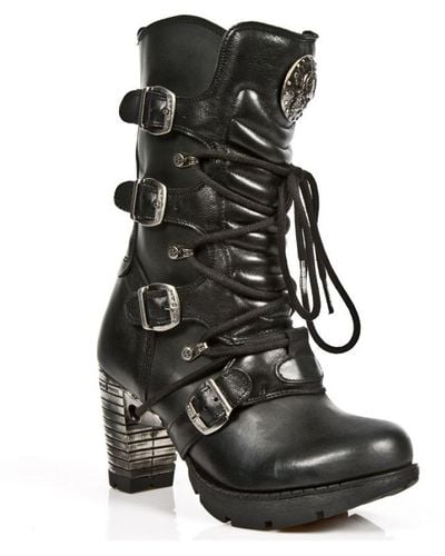 New Rock Ladies Leather Metallic Gothic Boots- Tr003-S1 - Black