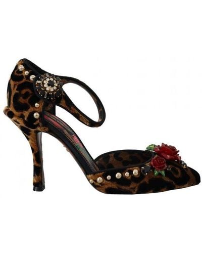 Dolce & Gabbana Embellished Leopard Print Heels Shoes Leather - Black