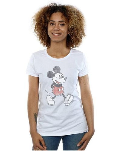 Disney Ladies Walking Mickey Mouse Cotton T-Shirt () - White