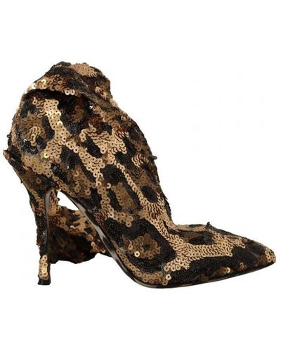 Dolce & Gabbana Gold Leopard Sequins Heels Boots Shoes - Brown
