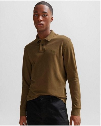 BOSS Boss Passerby Long Sleeve Stretch-Cotton Polo Shirt With Logo Patch - Brown