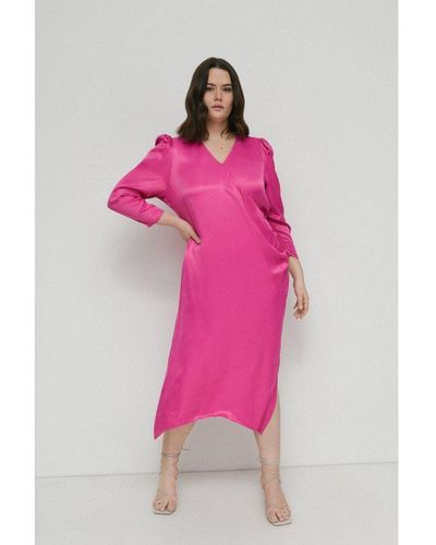 Warehouse Plus Size Satin Long Sleeve Wrap Midi Slip Dress - Pink
