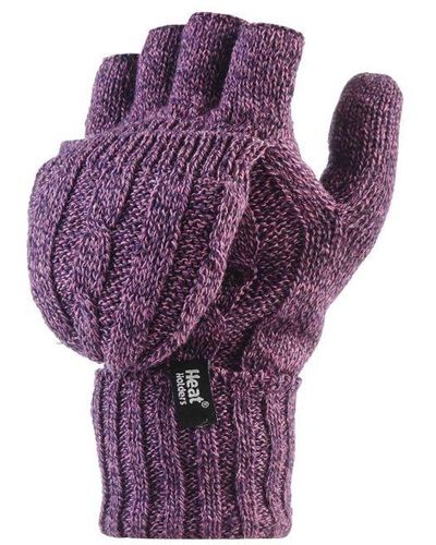 Heat Holders Womenss Thermal Converter Fingerless Cable Knit 2.3 Tog Gloves - Purple