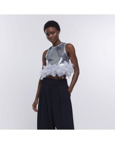 River Island Top Silver Sequin Feather Trim - Blue