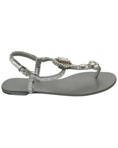 Dolce & Gabbana Silver Crystal Sandals Flip Flops Shoes Leather - Metallic