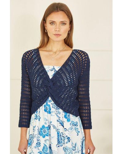 Yumi' Navy Cotton Crochet Twisted Bolero Top - Blue