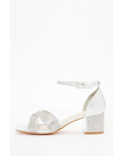 Quiz Wide Fit Silver Shimmer Diamante Heeled Sandals - White