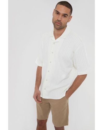 Threadbare Ecru 'ronson' Cotton Revere Collar Textured Stripe Short Sleeve Shirt - White