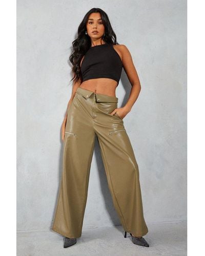 MissPap Leather Look Fold Over Cargo Trousers - Green