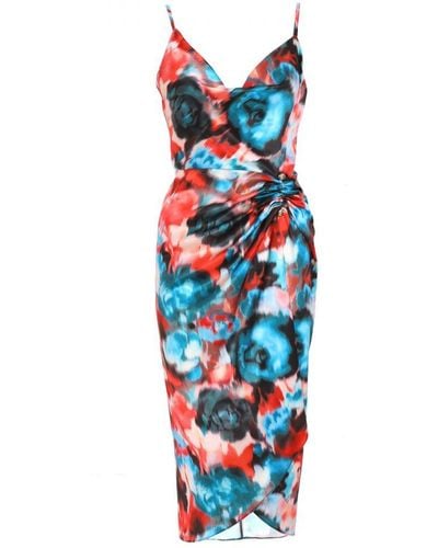 Quiz Multicoloured Satin Smudge Print Wrap Midi Dress - Blue