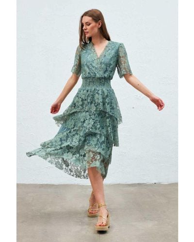GUSTO Lace Tiered Dress - Blue