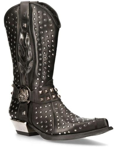 New Rock Leather Studded Cowboy Boots- M-7928-S1 - Black