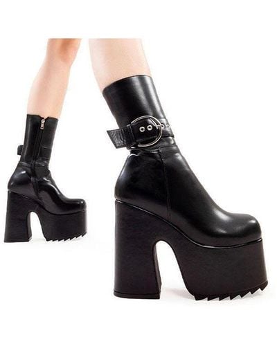 LAMODA Chunky Calf Boots Dreamscape Round Toe Platform Heels With Zipper - Black