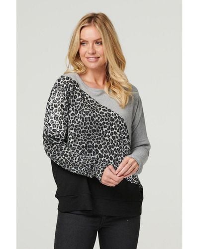 Izabel London Colour Block Leopard Pullover - Grey