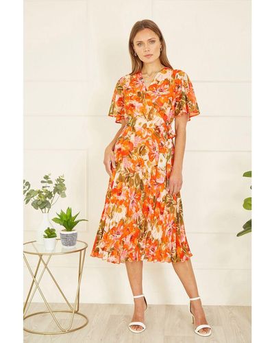 Yumi' Floral Midi Wrap Pleated Dress - Orange