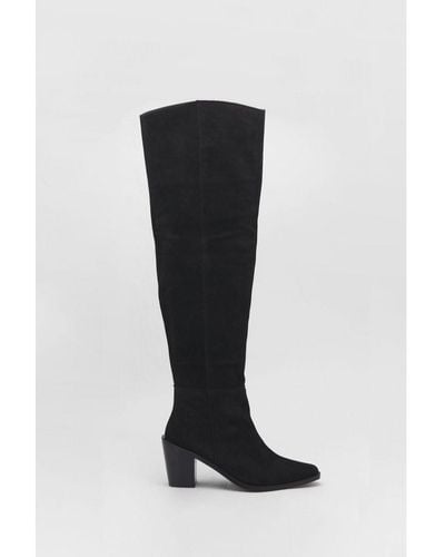 Warehouse Real Suede Slouchy Knee High Boots - Black
